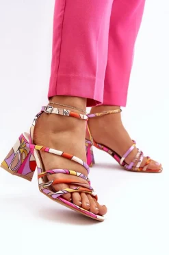 Wzorzyste Sandały Na Słupku Fioletowe Jenglla