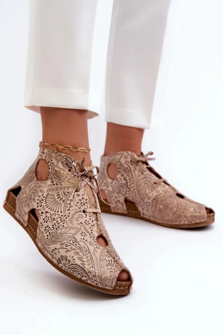 Wzorzyste Skórzane Botki Maciejka 03426-02 Beżowe