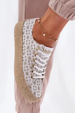 Wzorzyste Trampki Damskie Na Platformie Z Plecionką Lee Cooper LCW-25-08-3648L Biało-Złote