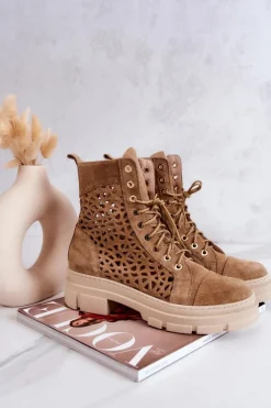 Zamszowe Ażurowe Botki Camel Aileen