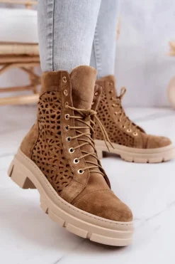 Zamszowe Ażurowe Botki Camel Aileen
