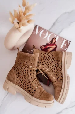 Zamszowe Ażurowe Botki Camel Aileen