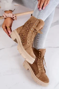 Zamszowe Ażurowe Botki Camel Aileen