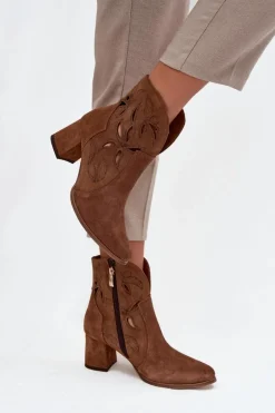 Zamszowe Ażurowe Botki Damskie Na Słupku Zazoo 3647 Brązowe