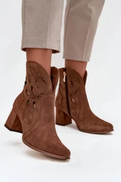 Zamszowe Ażurowe Botki Damskie Na Słupku Zazoo 3647 Brązowe