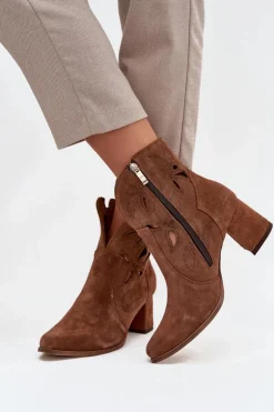 Zamszowe Ażurowe Botki Damskie Na Słupku Zazoo 3647 Brązowe
