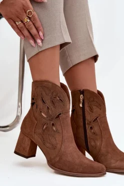 Zamszowe Ażurowe Botki Damskie Na Słupku Zazoo 3647 Brązowe