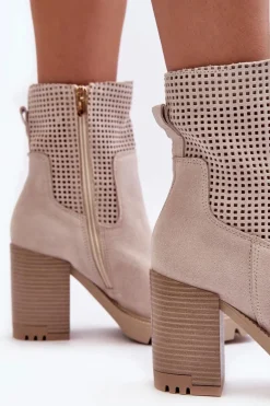 Zamszowe Ażurowe Botki Damskie Na Słupku Jasnobeżowe Lewski 3386