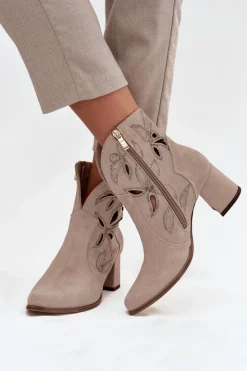 Zamszowe Ażurowe Botki Damskie Na Słupku Zazoo 3647 Cappuccino