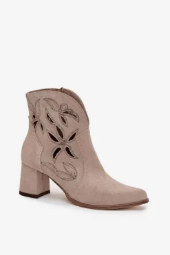 Zamszowe Ażurowe Botki Damskie Na Słupku Zazoo 3647 Cappuccino