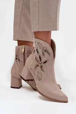 Zamszowe Ażurowe Botki Damskie Na Słupku Zazoo 3647 Cappuccino