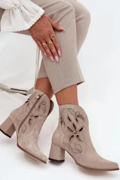 Zamszowe Ażurowe Botki Damskie Na Słupku Zazoo 3647 Cappuccino