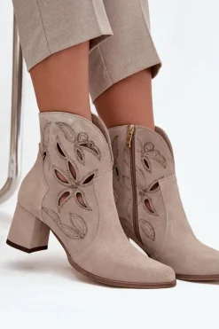 Zamszowe Ażurowe Botki Damskie Na Słupku Zazoo 3647 Cappuccino