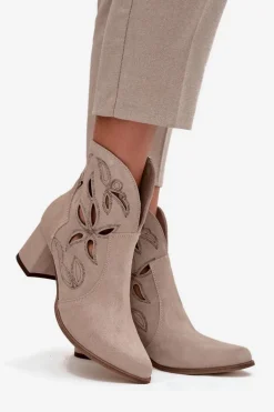 Zamszowe Ażurowe Botki Damskie Na Słupku Zazoo 3647 Cappuccino