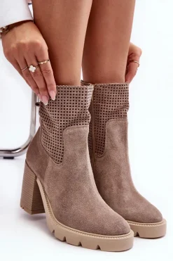 Zamszowe Ażurowe Botki Damskie Na Słupku Beżowe Lewski 3386