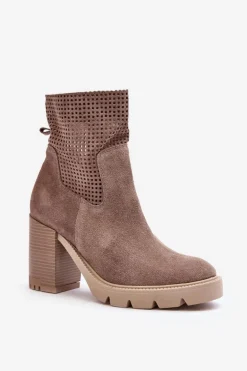 Zamszowe Ażurowe Botki Damskie Na Słupku Beżowe Lewski 3386