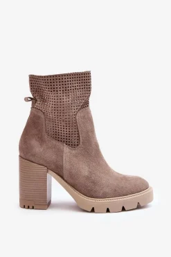 Zamszowe Ażurowe Botki Damskie Na Słupku Beżowe Lewski 3386