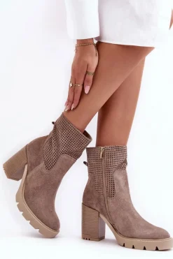 Zamszowe Ażurowe Botki Damskie Na Słupku Beżowe Lewski 3386