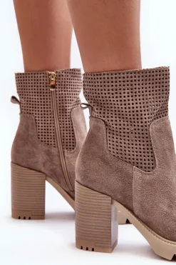 Zamszowe Ażurowe Botki Damskie Na Słupku Beżowe Lewski 3386