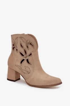 Zamszowe Ażurowe Botki Damskie Na Słupku Zazoo 3647 Beżowe
