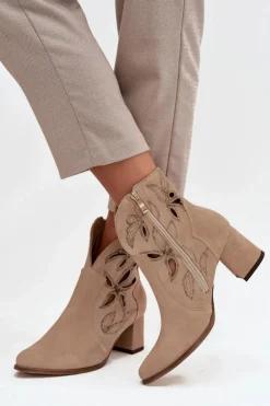Zamszowe Ażurowe Botki Damskie Na Słupku Zazoo 3647 Beżowe