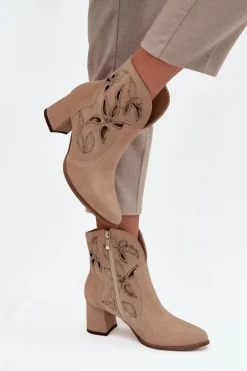 Zamszowe Ażurowe Botki Damskie Na Słupku Zazoo 3647 Beżowe