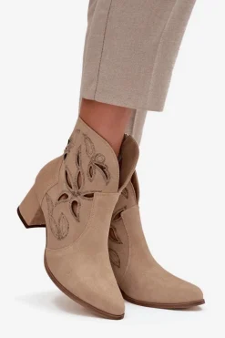 Zamszowe Ażurowe Botki Damskie Na Słupku Zazoo 3647 Beżowe