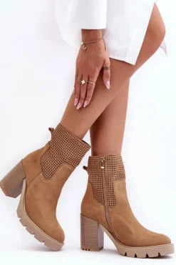 Zamszowe Ażurowe Botki Damskie Na Słupku Camel Lewski 3386