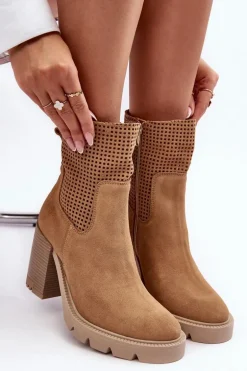 Zamszowe Ażurowe Botki Damskie Na Słupku Camel Lewski 3386