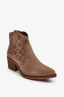 Zamszowe Ażurowe Botki Kowbojki D&A SN622-21 Ciemnobeżowe