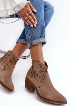 Zamszowe Ażurowe Botki Kowbojki D&A SN622-21 Ciemnobeżowe