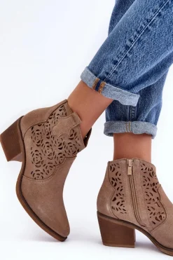 Zamszowe Ażurowe Botki Kowbojki D&A SN622-21 Ciemnobeżowe