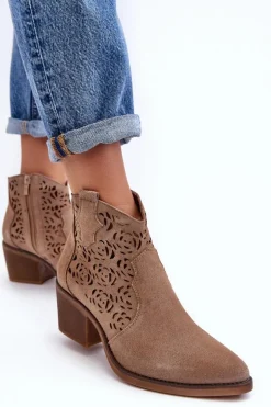 Zamszowe Ażurowe Botki Kowbojki D&A SN622-21 Ciemnobeżowe