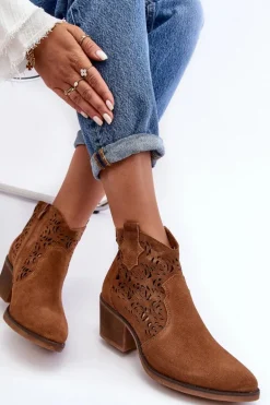 Zamszowe Ażurowe Botki Kowbojki D&A SN622-21 Camel