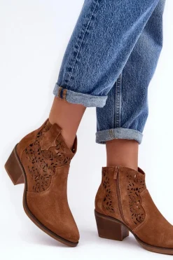 Zamszowe Ażurowe Botki Kowbojki D&A SN622-21 Camel