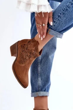 Zamszowe Ażurowe Botki Kowbojki D&A SN622-21 Camel