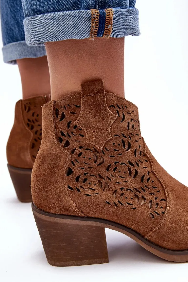 Zamszowe Ażurowe Botki Kowbojki D&A SN622-21 Camel