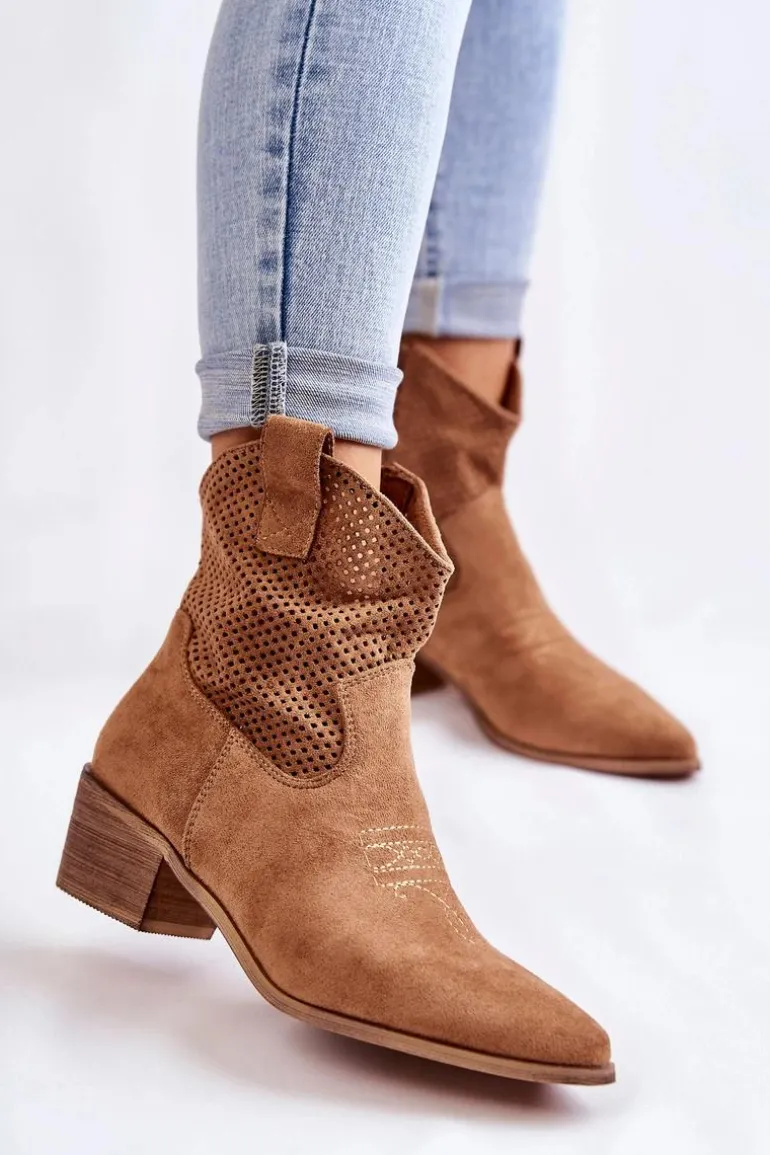 Zamszowe Ażurowe Botki Kowbojki Z Przeszyciem Camel Elvire
