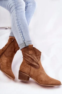 Zamszowe Ażurowe Botki Kowbojki Z Przeszyciem Camel Elvire