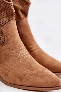 Zamszowe Ażurowe Botki Kowbojki Z Przeszyciem Camel Elvire