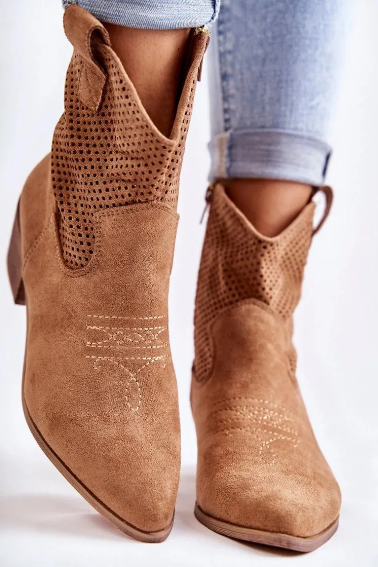 Zamszowe Ażurowe Botki Kowbojki Z Przeszyciem Camel Elvire
