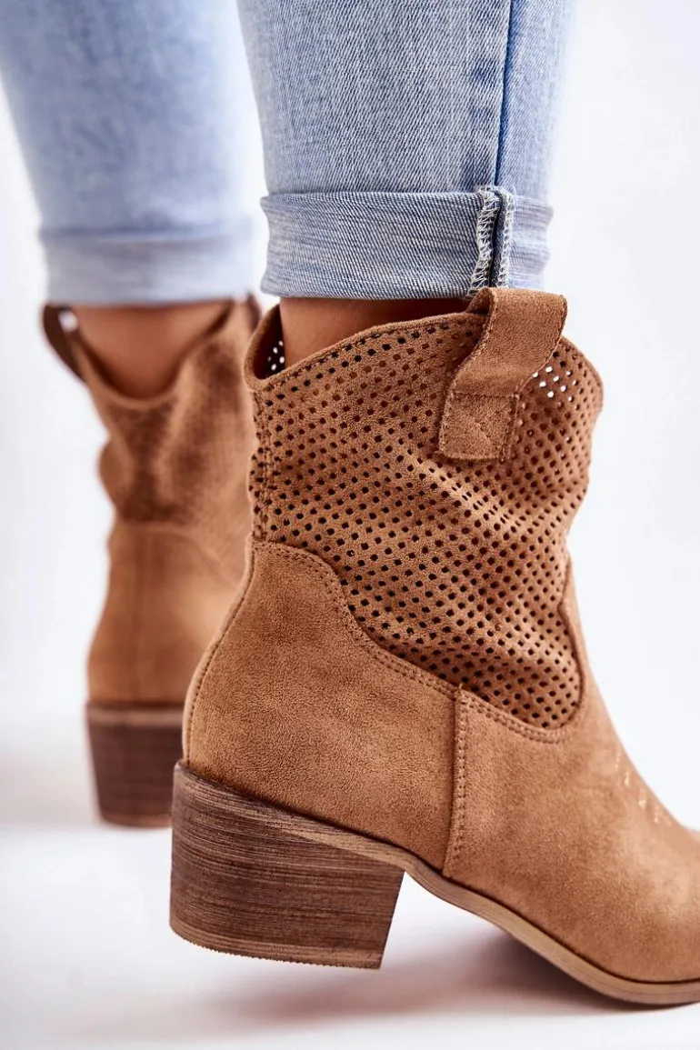 Zamszowe Ażurowe Botki Kowbojki Z Przeszyciem Camel Elvire