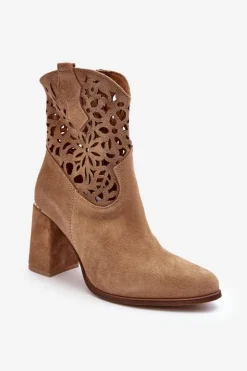 Zamszowe Ażurowe Botki Lewski Shoes 3264 Ciemnobeżowe
