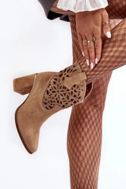 Zamszowe Ażurowe Botki Lewski Shoes 3264 Ciemnobeżowe