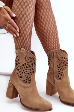 Zamszowe Ażurowe Botki Lewski Shoes 3264 Ciemnobeżowe