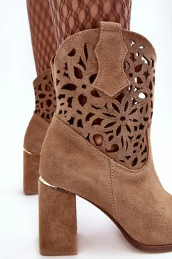 Zamszowe Ażurowe Botki Lewski Shoes 3264 Ciemnobeżowe