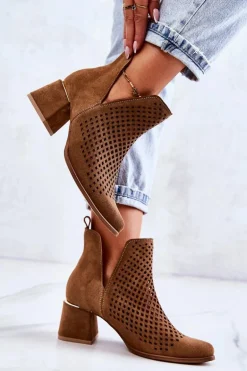 Zamszowe Ażurowe Botki Lewski Shoes 3165 Camel