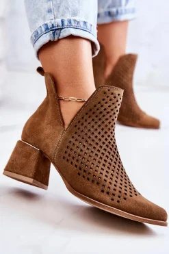 Zamszowe Ażurowe Botki Lewski Shoes 3165 Camel