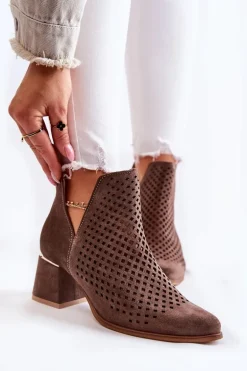 Zamszowe Ażurowe Botki Lewski Shoes 3165 Brązowe