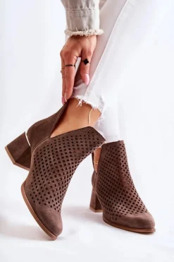 Zamszowe Ażurowe Botki Lewski Shoes 3165 Brązowe